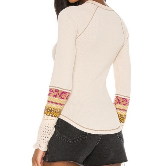 Free People In The Mix Cuff Waffle Knit Linen Combo Thermal LS Tee Size Med NWT - Picture 12 of 13